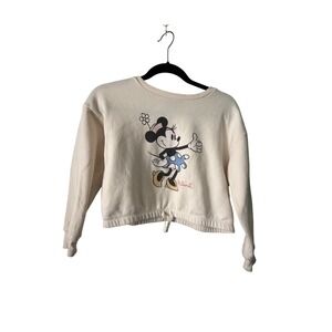 Disney Minnie Mouse Sweatshirt Kids Large Cream Good Cropped Drawstring Hem